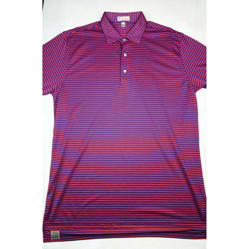 Peter Millar Polo Shirt Large Red Blue Striped Summer Comfort Golf Performance